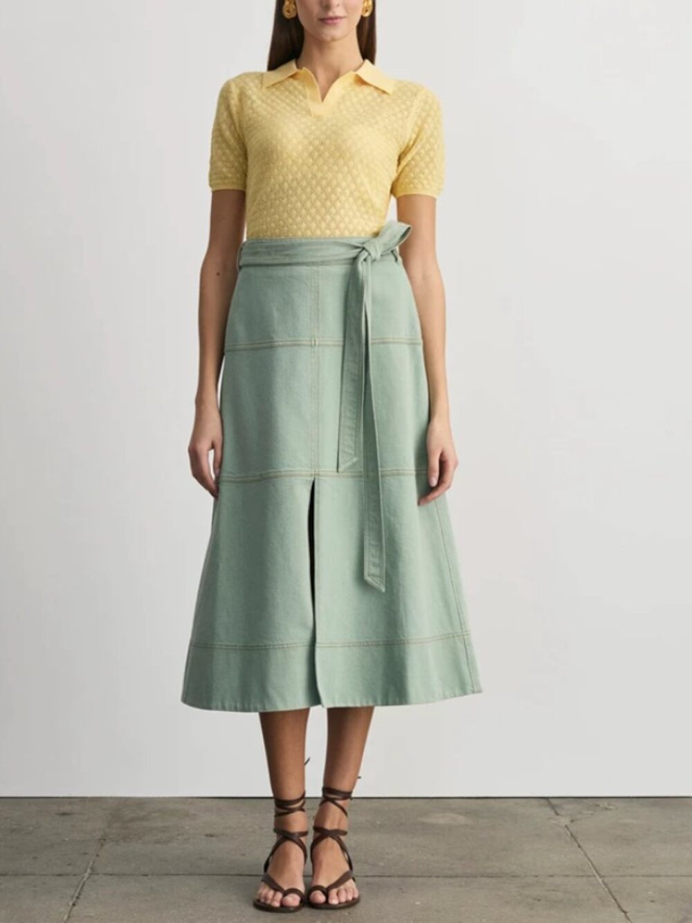 Tanya Taylor Hudson Denim Midi Skirt Pistachio Green Classic Quiet Lux
